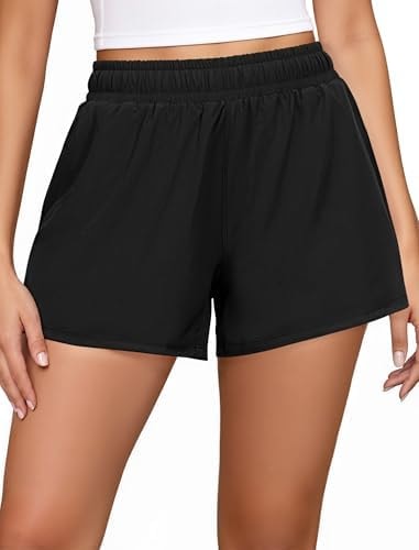 FireSwan Athletic Shorts for Women 2 in 1 High Waisted Quick Dry Running Workout Gym Active with Pockets Black Medium