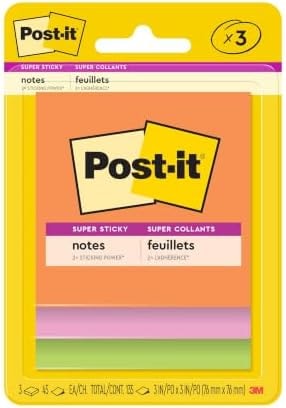 Post-it Super Sticky Notes, 3 x 3 in, Neon Fizz, 3 Pads, 45 Sheets/Pad