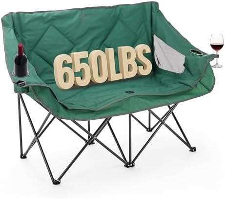 ARROWHEAD OUTDOOR Portable Folding Double Duo Camping Chair Loveseat w/ 2 Cup & Wine Glass Holder, Carrying Bag, Supports up to 500lbs