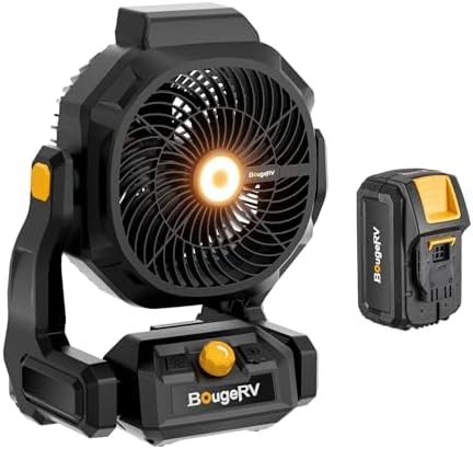 BougeRV F02 Battery Powered Fan with 18V 144W Rechargeable Battery, 755 CFM Jobsite Battery Fan, AC/DC Dual Power Supply with LED Light & 210° Tilt for Garage, Workshop, RV, Camping, Outdoor, Indoor