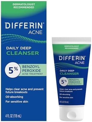 Differin Acne Face Wash with 5% Benzoyl Peroxide, Daily Deep Cleanser by the makers of Differin Gel, Gentle Skin Care for Acne Prone Sensitive Skin, 4 oz (Packaging May Vary)