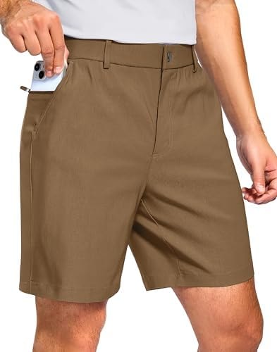 Pudolla Men's Golf Shorts 7"/9" with 3 Pockets(Deep Khaki 30Wx7L)