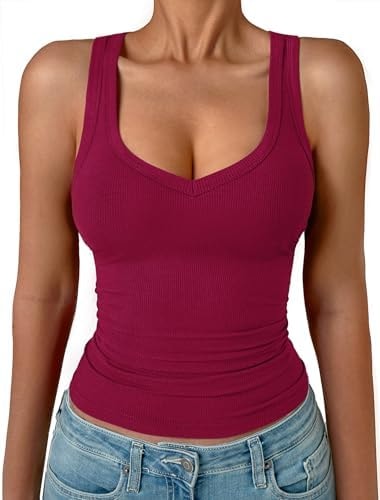 GKBK Womens Sleeveless Tank Top Form Fitting Spaghetti Strap V Neck Ribbed Knit Workout Lounge Basic Slim Fitted Crop Summer 2025 Cami Layering Casual Shirts Burgundy L