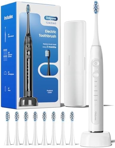 Onlyone Electric Toothbrush for Adults, Rechargeable Electric Toothbrush with 8 Brush Heads, Travel Case, Charging Base & Wireless Charging - 5 Modes with Smart Timer, White