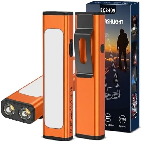 Spriak Pocket Flashlight, 1200 Lumens Rechargeable EDC Flashlight with Clip, USB-C Port, 3 Modes Waterproof Warning Light for Working, Camping, Repairing, Emergencies (Orange, 2PCS)
