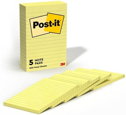 Post-it Notes, 4 x 6 in, The Iconic Canary Yellow Note, 5 Lined Pads
