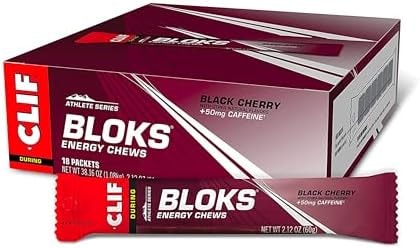 CLIF BLOKS Energy Chews, Black Cherry Flavor with Caffeine, 18 Packs