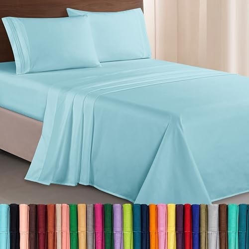 Elegant Comfort Luxurious 1500 Premium Hotel Quality Microfiber Three Line Embroidered Softest 4-Piece Bed Sheet Set, Wrinkle and Fade Resistant, Queen, Aqua Blue
