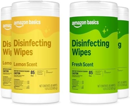 Amazon Basics Disinfecting Wipes, Lemon & Fresh Scent, Sanitizes, Cleans, Disinfects, Deodorizes, 340 Count (4 Packs of 85), Packaging May Vary