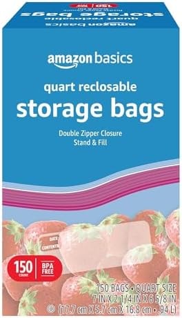 Amazon Basics Reclosable Quart Food Storage Bags with Double Zipper Seal, BPA Free, 150 Count