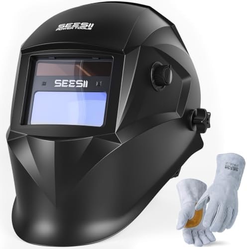 SEESII Auto Darkening Welding Helmet with Welding Gloves - 1/1/1/1 True Color Welding Hood, Blue Light Blocking, High-Impact Welder Mask, 13-Inch Heat Resistant Full Protection for TIG MIG ARC GRIND