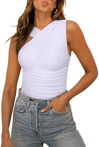 REORIA Womens Sexy Asymmetrical Leopard Print Mesh Ruched Going Out Bodysuits Tank Tops WhiteX-Small