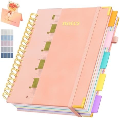XYark B5 Hardcover Spiral Notebook, 5 Subject Notebook 300 Pages, 8"x10" College Ruled Notebooks with Removable Dividers Tabs & Ruler & Card, Lined Journal for Women Men School Work Office, Light Pink