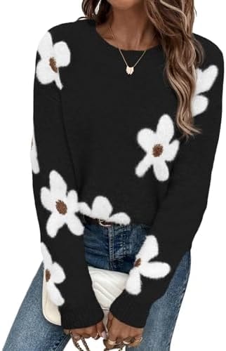 dowerme Womens Fall Cute Floral Chunky Knit Sweaters,Black,Small