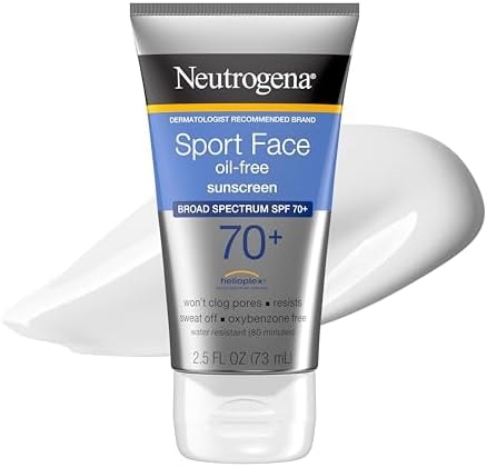 Neutrogena, Sport Face Sunscreen SPF 70+, Oil-Free, Sweat and Water-Resistant, Broad-Spectrum UVA/UVB, 2.5 Fl Oz