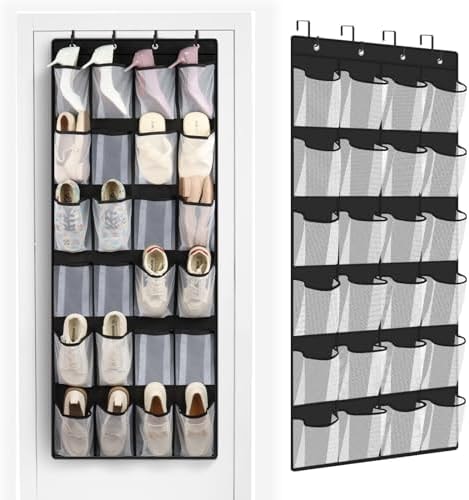 FENTEC 24 Large Pockets Over Door Shoe Organizer, Mesh Hanging Shoe Organizer for Closet Mesh Closet Holder, Back of Door Organizer for Cruise Ships, Rack for Wall, Black, 1 Pack