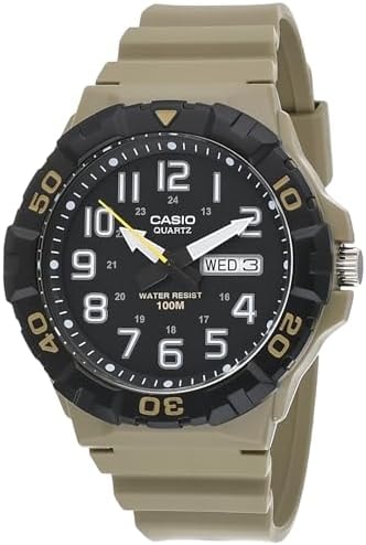 Casio MRW210H Series | Men's Analog Watch | Beige/Black | Sporty Design | 100 Meter Water Resistance | Date Display | Rotary Bezel | Regular Time Keeping (HR, Min, SEC, PM, Date, Day) | 3 Year Battery