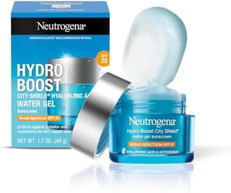 Neutrogena Hydro Boost City Shield Water Gel Face Moisturizer with Broad Spectrum SPF 25 Hydrating Facial Sunscreen with Hyaluronic Acid Oil Free and Noncomedogenic Face Lotion, 1.7 oz