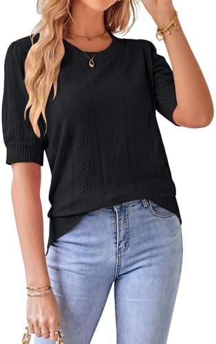 GRACE KARIN Women's Puff Short Sleeve Crew Neck Knit Tops Dark Black S
