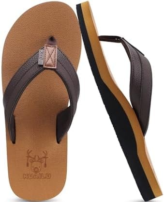 KuaiLu Mens Leather Flip Flops Arch Support Summer Beach Pool Water Thong Sandals Waterproof Essentials Walking Shoes Slip on Orthotic Casual Sport Cushioned Wide Slides Shower Slippers Khaki Size 11