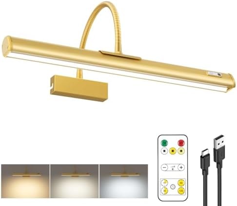 iMaihom Picture Lights for Wall Battery Operated, 15.3" Rechargeable Picture Light with Remote, Magnetic Cordless Art Light for Paintings, Dimmable LED Wall Gallery Light, 3 Color Temps, Timer, Gold