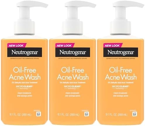 Neutrogena Oil Free Acne Face Wash for Oily Skin, Salicylic Acid Cleanser, Noncomedogenic, Residue Free, Easy Pump Bottles, 9.1 Fl Oz, 3 Count
