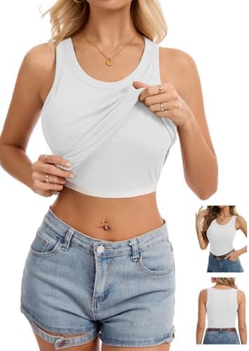 Humordream Women Built-in Bra Tank Tops Sleeveless Racerback Fitted Ribbed Basics Cami Shirt White