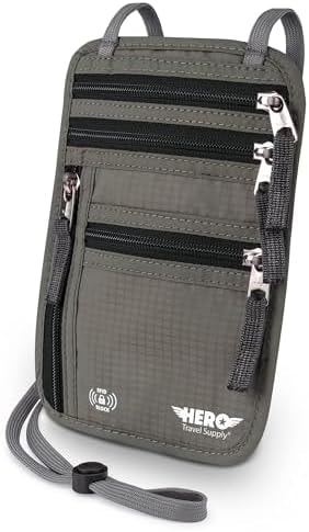HERO Neck Wallet - RFID Blocking Passport Holder, Easy to Conceal Travel Pouch (Army Grey)