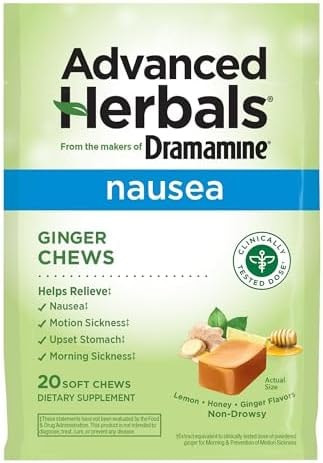 From the Makers of Dramamine, Advanced Herbals Ginger Chews for Nausea Relief, Morning Sickness Relief & Motion Sickness Relief During Travel, Lemon-Honey, 20 Count
