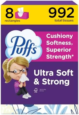 Puffs Facial Tissue Ultra Soft Non-Lotion, 8 Rectangle Boxes, 124 Facial Tissues per Box, Allergies and Colds (Packaging May Vary)