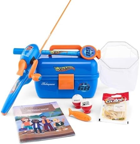 Shakespeare Mattel Hot Wheels Kids Fishing Set, 2’6” Kids Fishing Rod and Reel Combo, Comes with Net and Tackle Box, Complete Kit with Bobbers and Bait