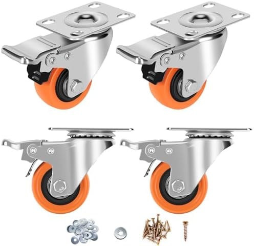 ASRINIEY Caster Wheels, 2" Casters Set of 4 Heavy Duty - Locking Casters Orange Polyurethane Wheel, Swivel Plate Caster with Brake, Non-Marking Castor Wheels for Carts Furniture and Workbench