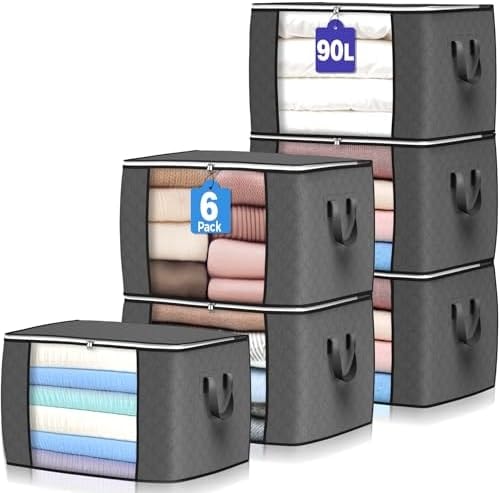 90L Large Storage Bags, 6 Pack Clothes Storage Bins Foldable Closet Organizers Storage Containers with Reinforced Handle for Clothing, Blanket, Comforters, Bed Sheets, Pillows and Toys (Gray)