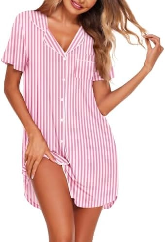 Ekouaer Nightgowns for Women Button Down Night Gown Short Sleeve Sleepshirt