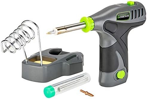 Genesis GLSI08 8V Li-Ion Cordless Soldering Iron with Iron Holder, Solder Wire, Fine Tip, Chisel Tip, Removable Rechargeable Battery, Charger and 2 Year Warranty