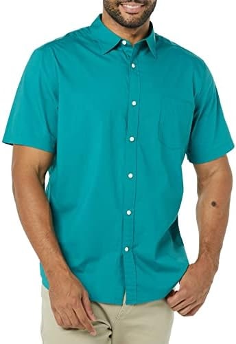 Amazon Essentials Men's Short Sleeve Button Down Shirt, Stretch Cotton, Blue Peach Plaid, Available in Big & Tall, Teal, X-Small
