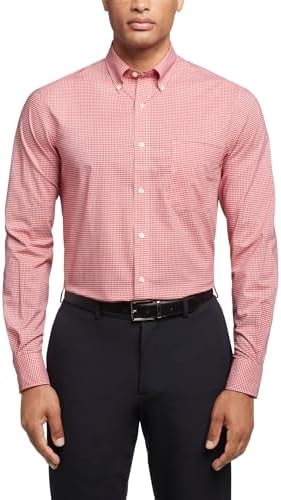 Tommy Hilfiger Men's Dress Shirt Regular Fit Non Iron Gingham, Lava, 18.5" Neck 34"-35" Sleeve