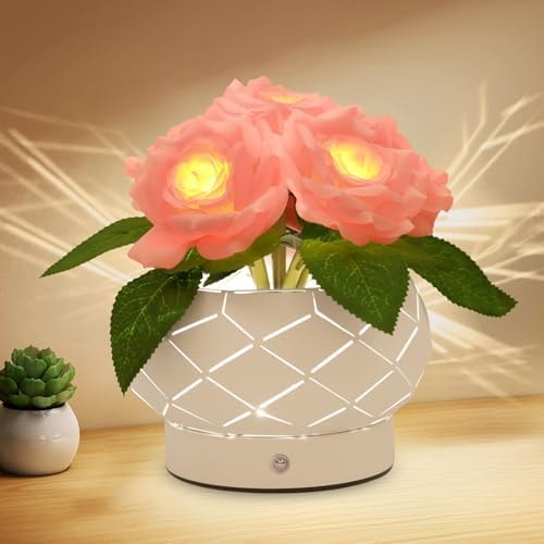 JHXLAMP Roses Flower Touch Lamp,Rechargeable Cordless 3-Colour Dimming Small Night Light for Festival,Dining Room,Bedroom Home Decor Birthday Gifts-6 Rose