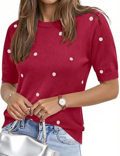 Aprolive Polka Dot Top Women Short Sleeve Lightweight Sweaters Summer Dressy Casual Cute Knit Tops Spring 2026 (5-Polka Dot-Red,Medium)