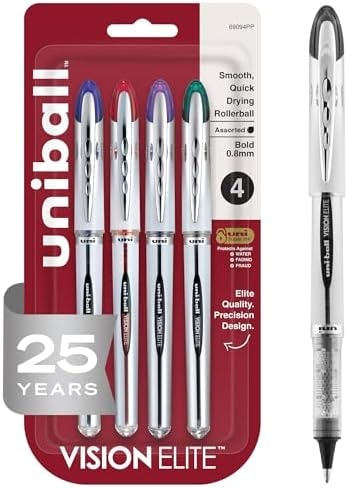 uniball Vision Elite Rollerball Pens, Bold Point (0.8mm), Assorted Colors, 4 Pack