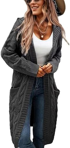 XINWEIZZ Women's Hooded Open Front Long Cardigan Cable Knit Sweaters Side Pocket Oversized Chunky Cardigan Outwear Coat Dark Grey
