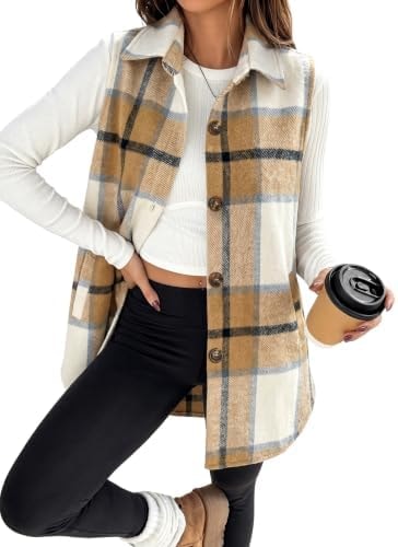 Uaneo Womens Flannel Plaid Vest Retro Button Down Pocketed Sleeveless Jacket Overshirt(Khaki, Large)