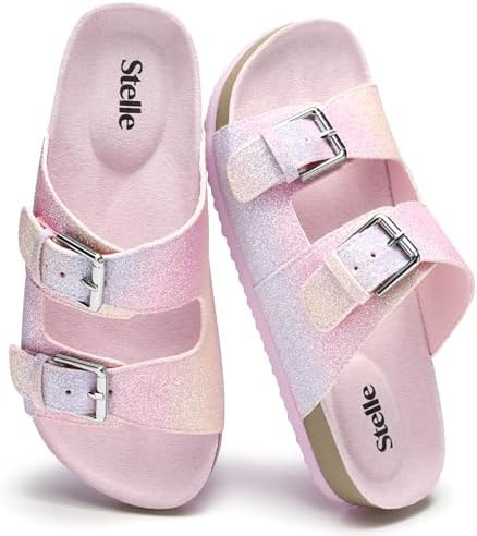 Stelle Girls Sandals Kids Slide Summer Shoes Slip on Slippers with Adjustable Straps(Rainbow,1ML)