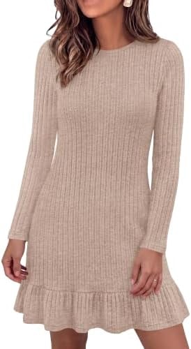 KIRUNDO Women's Long Sleeve Ribbed Knit Mini Sweater Dress, Apricot, S