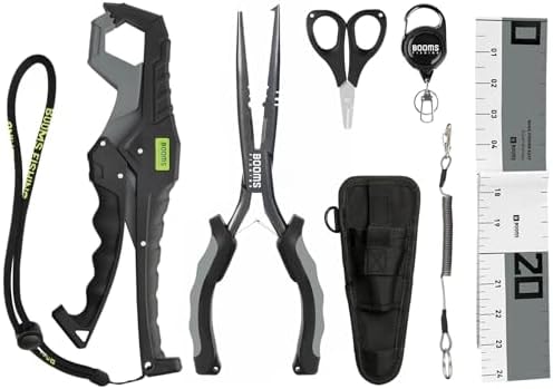 Booms Fishing Gear and Equipment: 6pcs Fishing Tools Kit with Needle Nose Pliers, Fish Gripper, Scissors, 24" Ruler, Retractor & lanyard - Saltwater Fishing Tackle Accessories Gifts for Men, TK1 Black