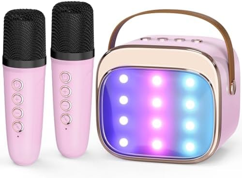 FLUESTON Mini Karaoke Machine for Kids Adults, Portable Bluetooth Speaker with 2 Wireless Microphones, Toys for Girls Ages 3, 4, 5, 6, 7, 8, 9,10,11+ Years Old, Birthday Easter Basket Stuffer for Kids