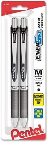 Pentel EnerGel RTX Retractable Liquid Gel Pen, (0.7mm), Medium Line, Metal Tip, Black Ink, Pack of 2 (BL77BP2A)