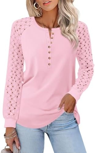 Minetom Women's Lace Long Sleeve Tops Henley Shirts Casual Blouses Tees