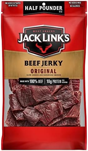 Jack Link's Beef Jerky Half Pounder - Original - Made with 100% Real Beef - Ready to Eat Real Meat Protein Snacks - 10g Protein per Serving - 8 oz Large Jerky Bag