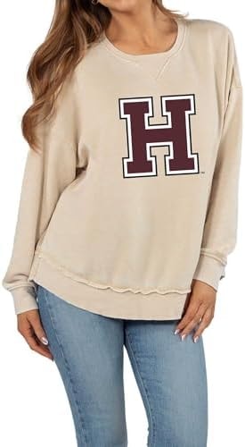 chicka-d Women's Burnout Hi-Lo Campus Crewneck Fleece Sweatshirt NCAA Primary Team Icon Neutral, Harvard Crimson, Oatmeal, Large